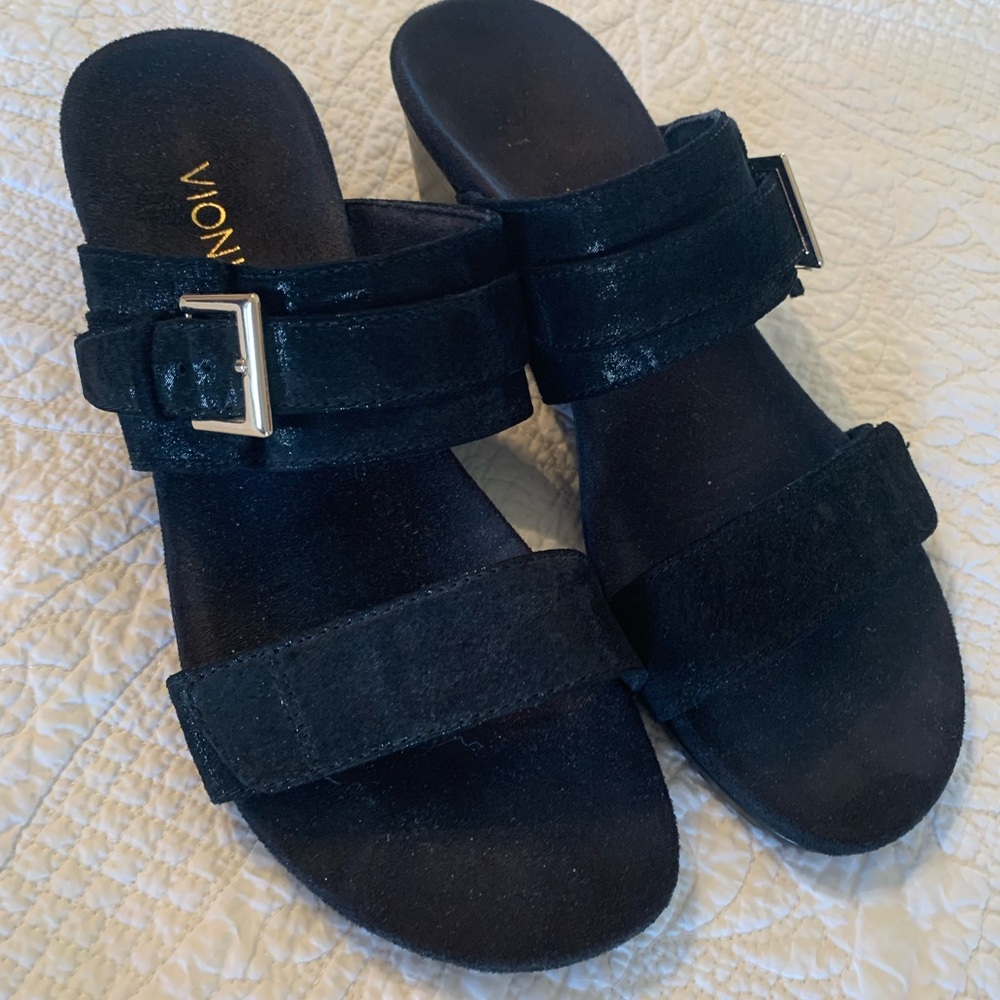 Vionic Black Suede Double-Strap Slide Sandals with Buckle